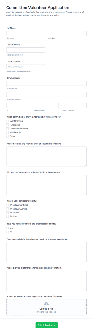 Committee Volunteer Application Form Template