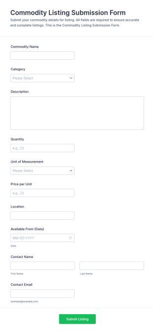 Commodity Listing Submission Form Template