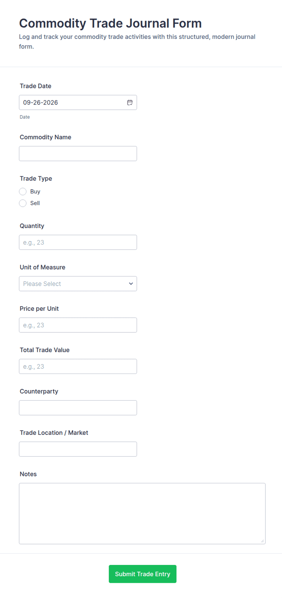 Journal Format:pdf Commodity Trade Journal Form Template | Jotform