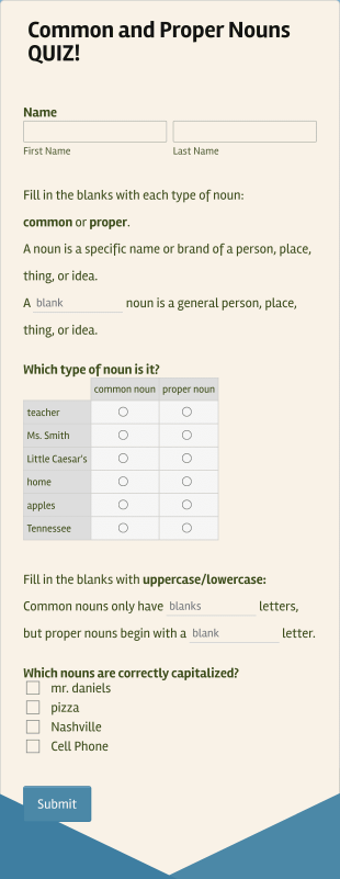 Common And Proper Nouns Quiz Form Template