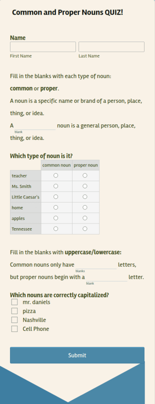 Common And Proper Nouns Quiz Form Template