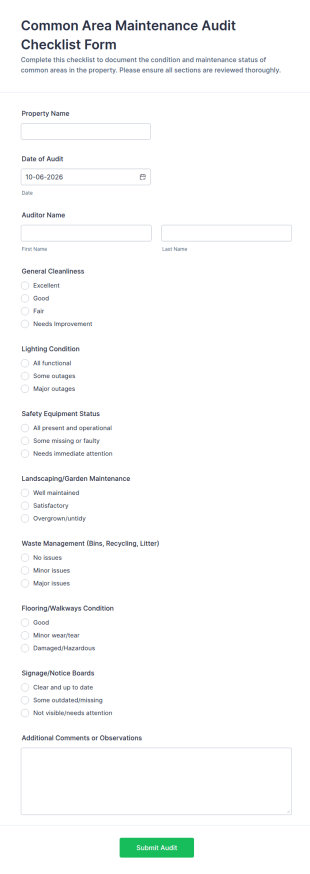 Common Area Maintenance Audit Checklist Form Template