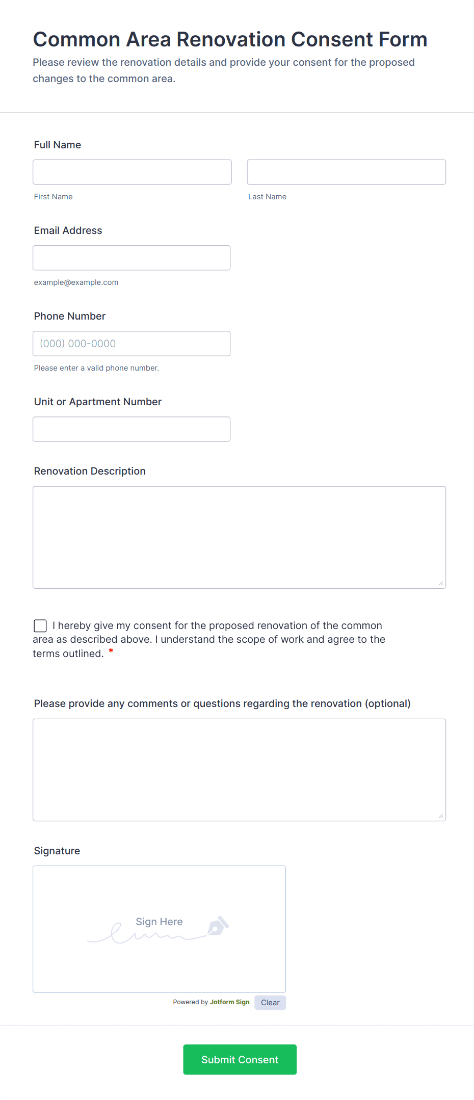 Common Area Renovation Consent Form Template | Jotform