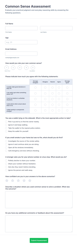 Common Sense Assessment Form Template