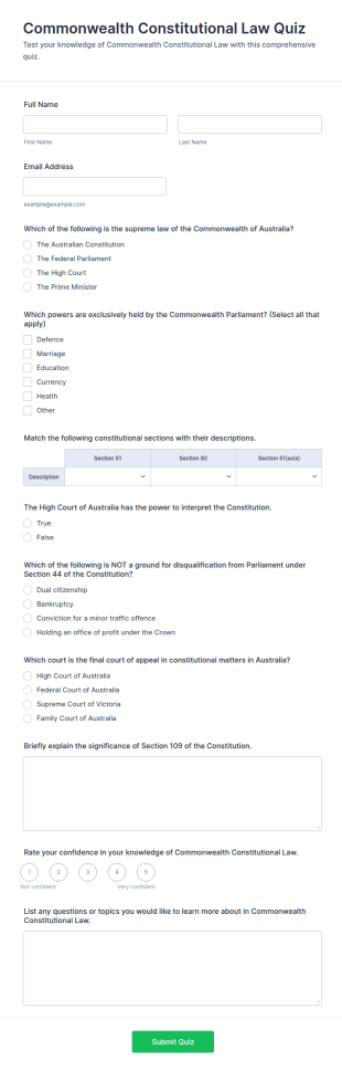 Commonwealth Constitutional Law Quiz Form Template