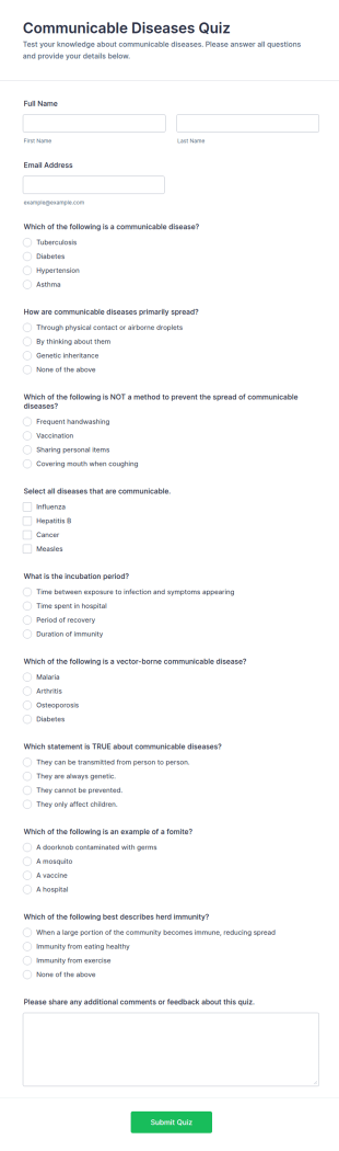 Communicable Diseases Quiz Form Template