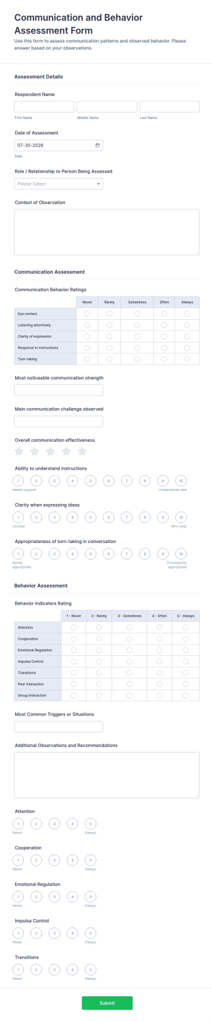 Communication And Behavior Assessment Form Template