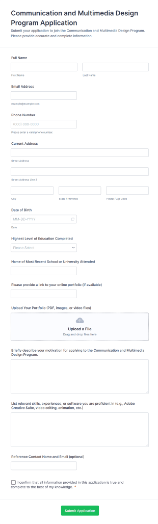 Communication And Multimedia Design Program Application Form Template