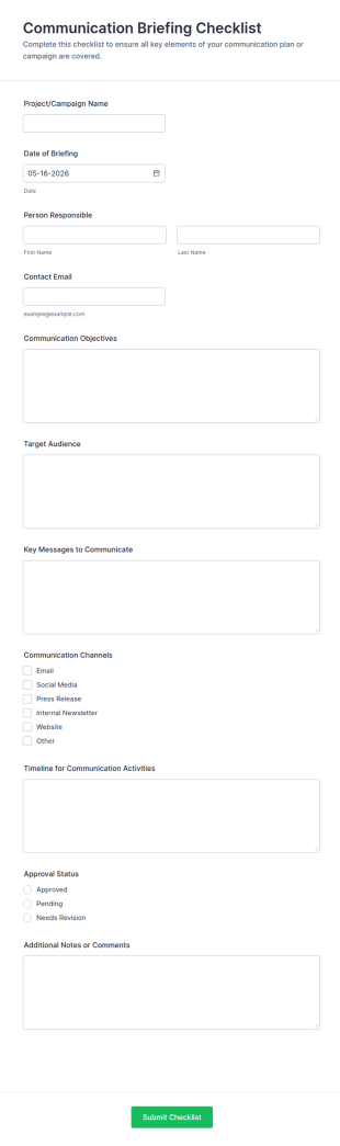 Communication Briefing Checklist Form Template
