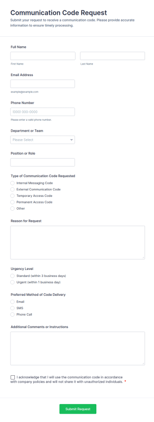 Communication Code Request Form Template