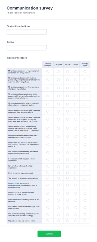 Communication For College Students Survey Form Template