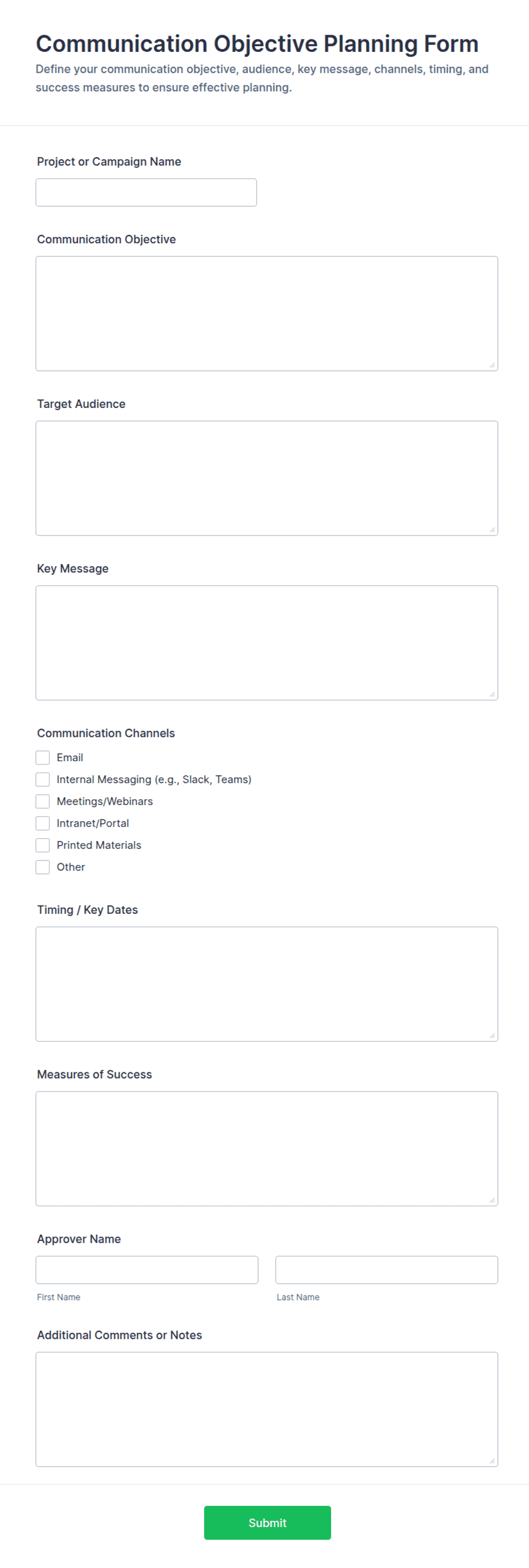 Communication Matrix Format Excel Communication Objective Planning Form Template | Jotform
