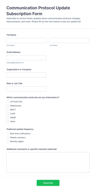 Communication Protocol Update Subscription Form Template