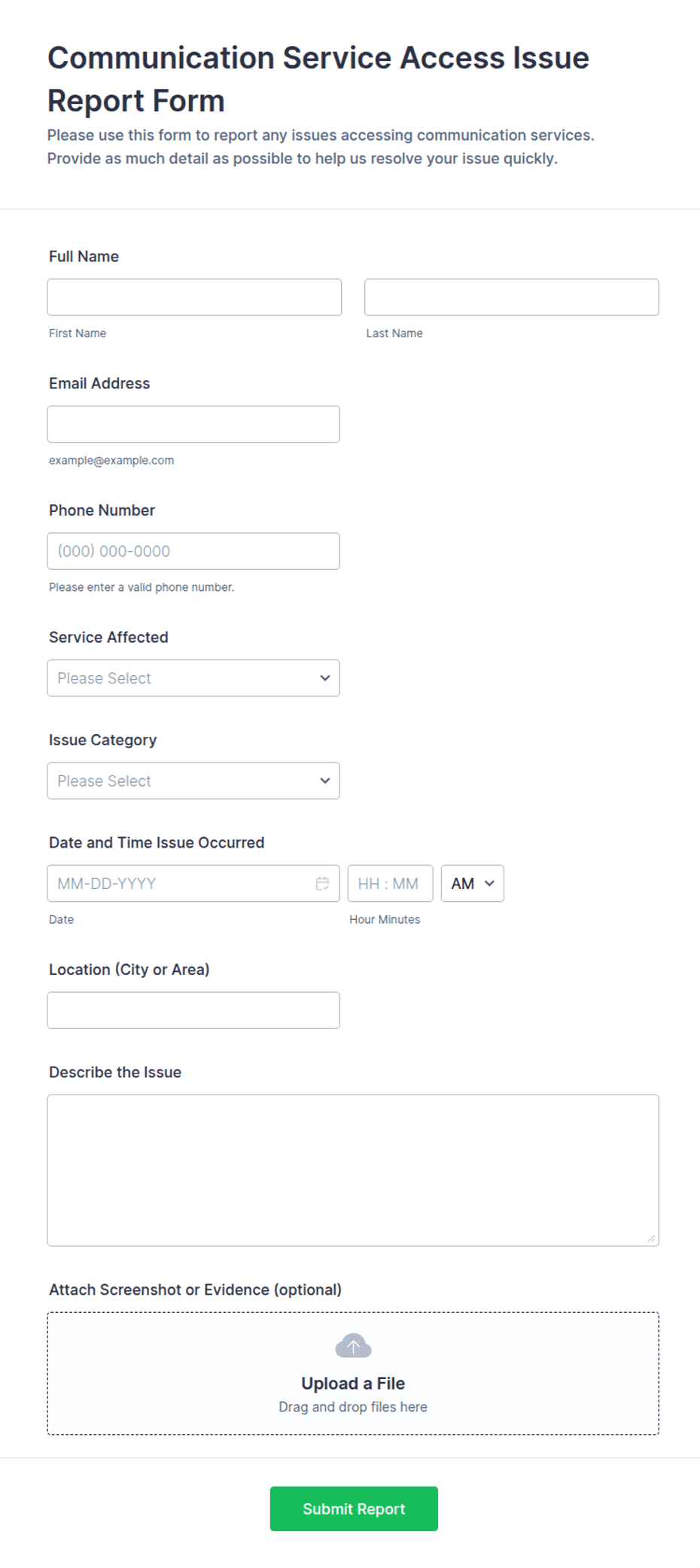 Communication Service Access Issue Report Form Template | Jotform