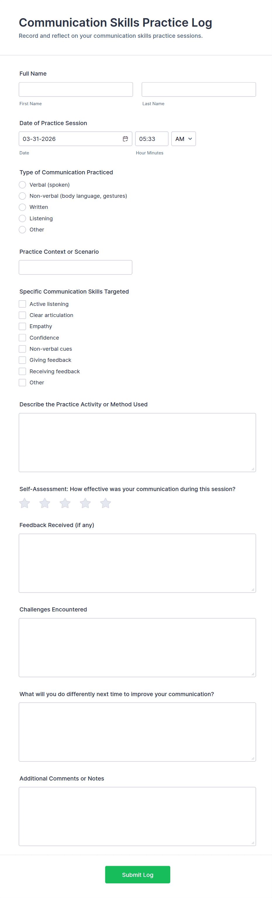 Communication Skills Practice Log Form Template | Jotform