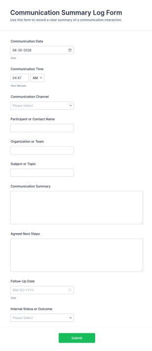 Communication Summary Log Form Template