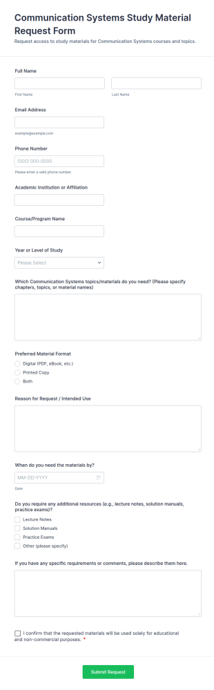 Communication Systems Study Material Request Form Template
