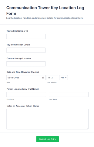 Communication Tower Key Location Log Form Template