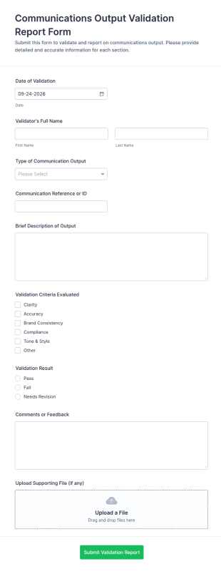 Communications Output Validation Report Form Template
