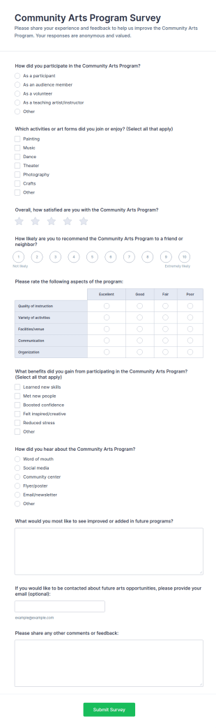 Community Arts Program Survey Form Template