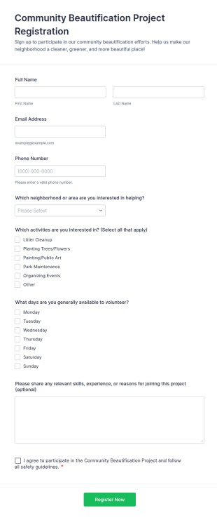 Community Beautification Project Registration Form Template
