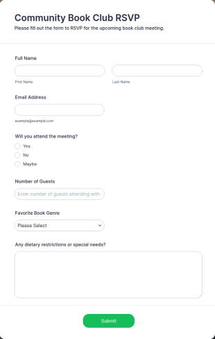Community Book Club RSVP Form Template