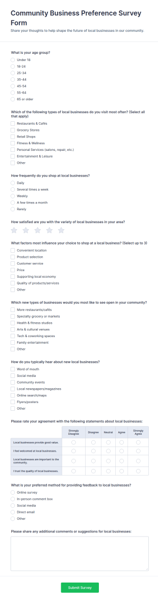 Community Business Preference Survey Form Template