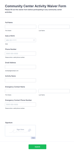Community Center Activity Waiver Form Template