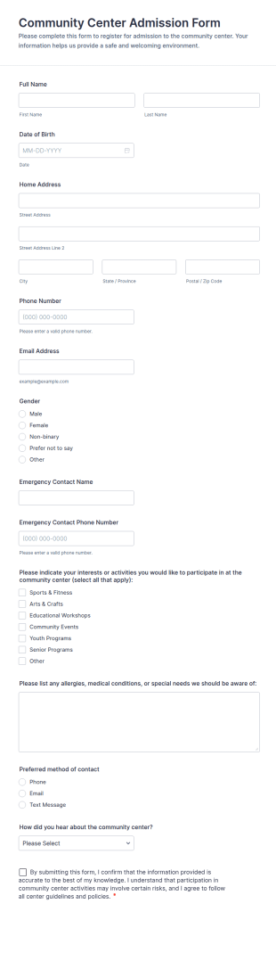Community Center Admission Form Template