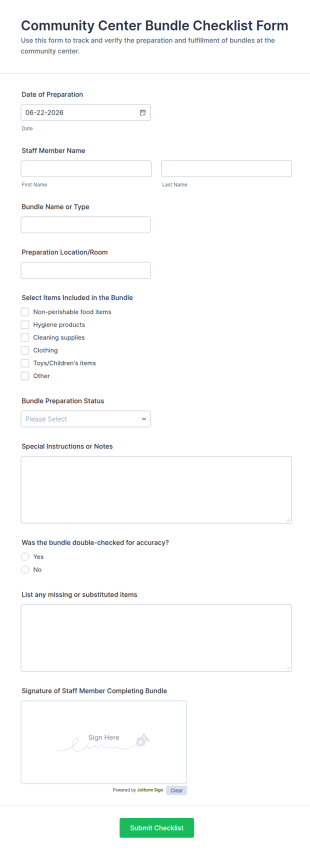 Community Center Bundle Checklist Form Template