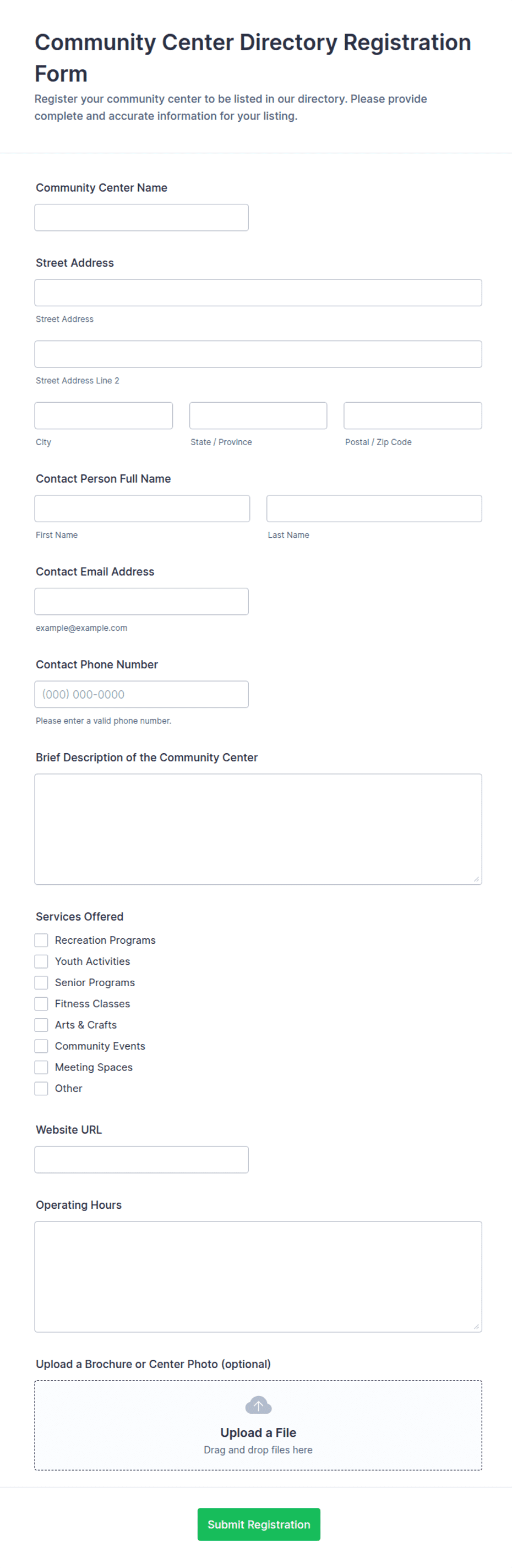 Community Center Directory Registration Form Template | Jotform