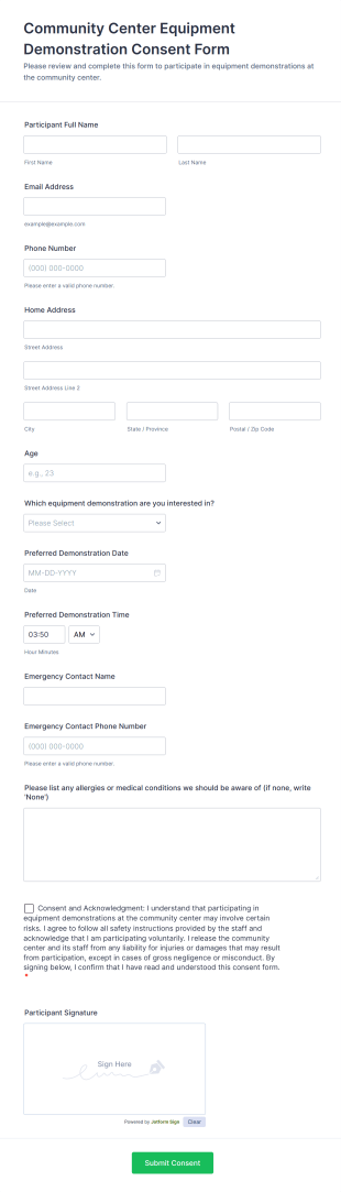 Community Center Equipment Demonstration Consent Form Template