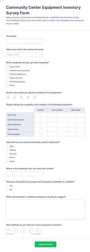 Community Center Equipment Inventory Survey Form Template