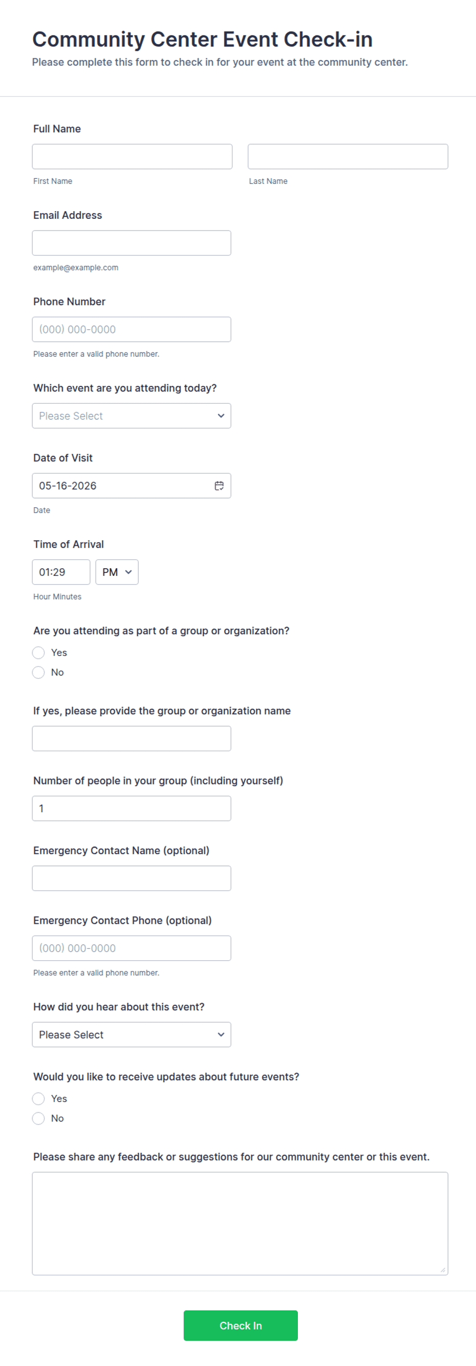 Community. Check Community Center Event Check-in Form Template | Jotform