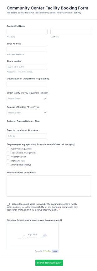 Community Center Facility Booking Form Template