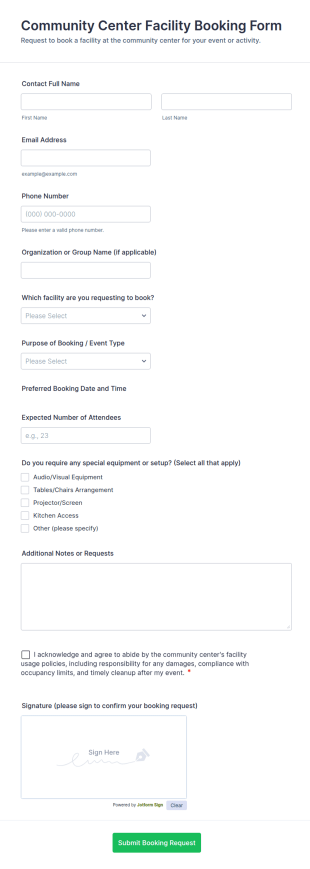 Community Center Facility Booking Form Template