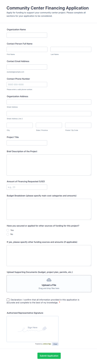 Community Center Financing Application Form Template