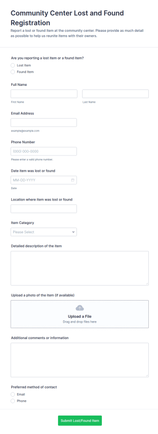 Community Center Lost And Found Registration Form Template