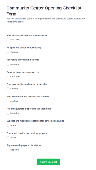 Community Center Opening Checklist Form Template