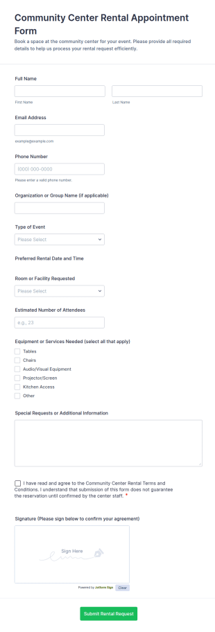 Community Center Rental Appointment Form Template