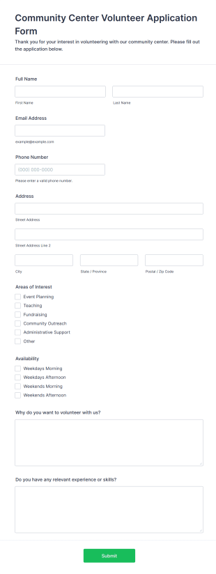 Community Center Volunteer Application Form Form Template