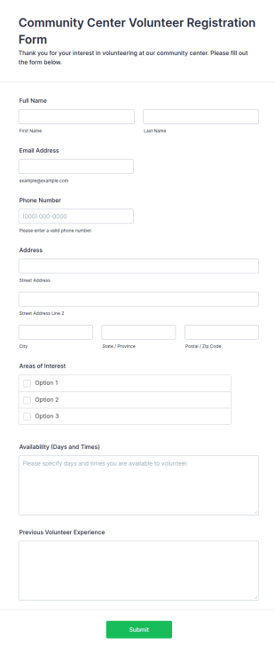 Community Center Volunteer Registration Form Template