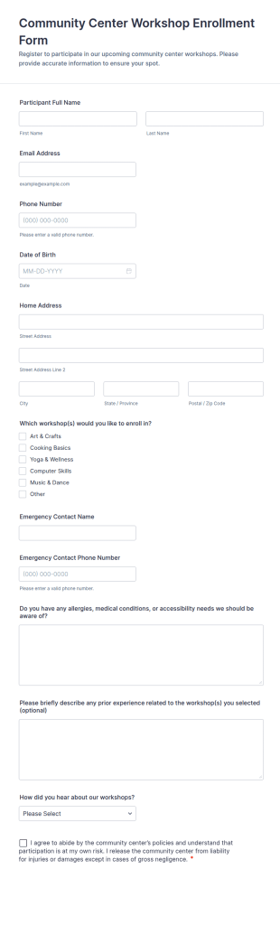 Community Center Workshop Enrollment Form Template