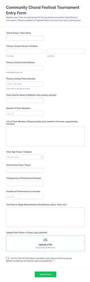 Community Choral Festival Tournament Entry Form Template