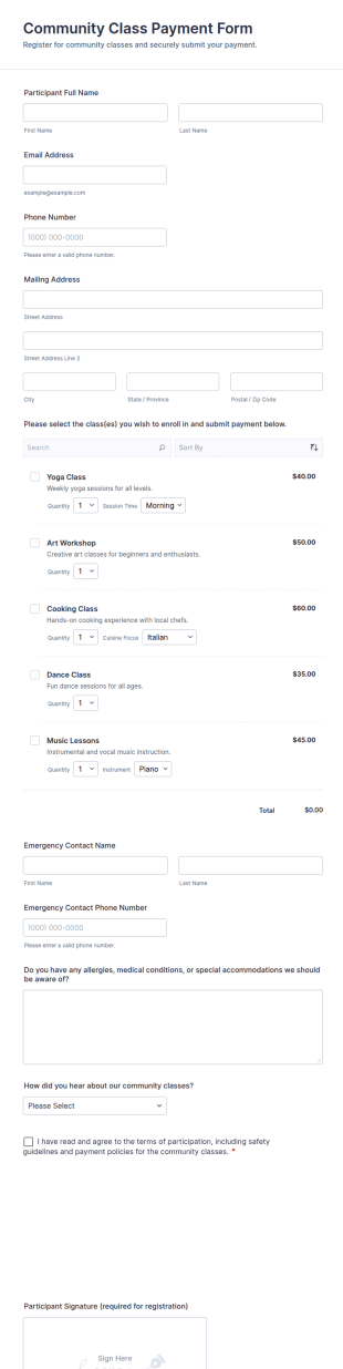Community Class Payment Form Template