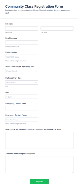 Community Class Registration Form Template