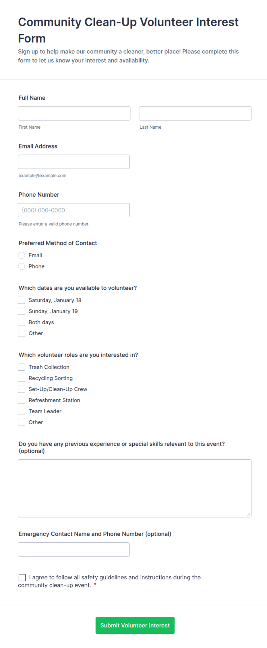 Community Clean-Up Volunteer Interest Form Template | Jotform