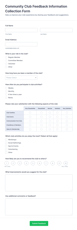 Community Club Feedback Information Collection Form Template
