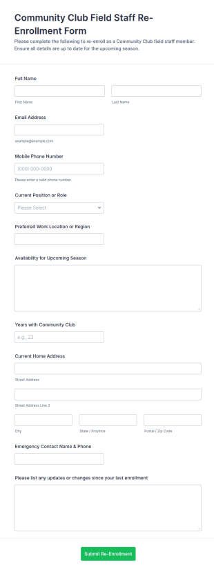 Community Club Field Staff Re Enrollment Form Template