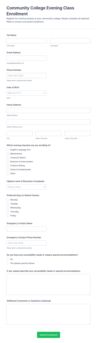 Community College Evening Class Enrollment Form Template